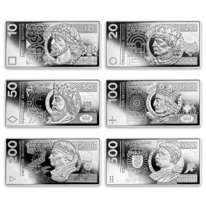 Polskie banknoty obiegowe - zestaw monet srebrnych; rewersy