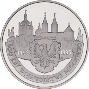 Srebrna moneta okolicznościowa; rewers – 500 lat województwa płockiego (1495 - 1995)