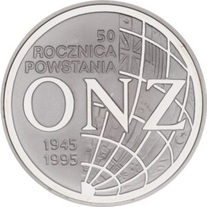 Srebrna moneta okolicznościowa; rewers – 50. rocznica powstania ONZ