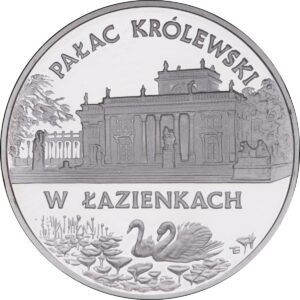 Srebrna moneta okolicznościowa; rewers – Zamki i pałace w Polsce: Pałac Królewski w Łazienkach
