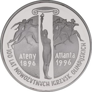 Srebrna moneta okolicznościowa; rewers – 100 lat nowożytnych Igrzysk Olimpijskich (1896 - 1996)