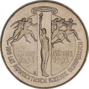 Moneta CuNi; rewers – 100 lat nowożytnych Igrzysk Olimpijskich (1896 - 1996)