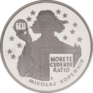 Srebrna moneta okolicznościowa; rewers – Mikołaj Kopernik - ECU