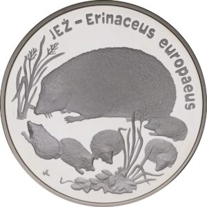 Srebrna moneta okolicznościowa; rewers – Zwierzęta świata: Jeż (łac. Erinaceus europaeus)