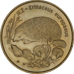 Moneta Nordic Gold; rewers - Zwierzęta świata: Jeż (łac. Erinaceus europaeus)
