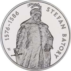 Srebrna moneta okolicznościowa; rewers – Poczet królów i książąt polskich: Stefan Batory (1576 - 1586)