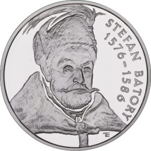 Srebrna moneta okolicznościowa; rewers – Poczet królów i książąt polskich: Stefan Batory (1576 - 1586)