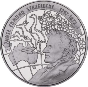 Srebrna moneta okolicznościowa; rewers – 200-lecie urodzin Pawła Edmunda Strzeleckiego (1797 - 1873)