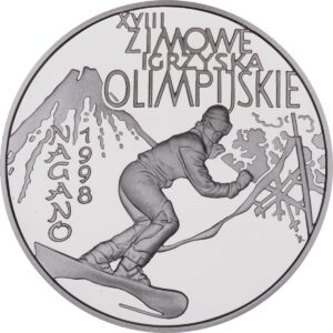 Srebrna moneta okolicznościowa; rewers – XVIII. Zimowe Igrzyska Olimpijskie w Nagano