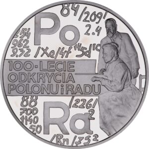 Srebrna moneta okolicznościowa; rewers – 100-lecie odkrycia radu i polonu