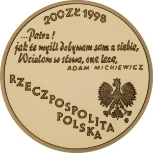Złota moneta kolekcjonerska; awers – 200-lecie urodzin Adama Mickiewicza