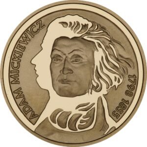 Złota moneta kolekcjonerska; rewers – 200-lecie urodzin Adama Mickiewicza
