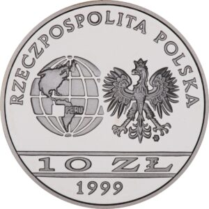 Srebrna moneta okolicznościowa; awers – Polscy podróżnicy i badacze: 100. rocznica śmierci Ernesta Malinowskiego (1818-1899)