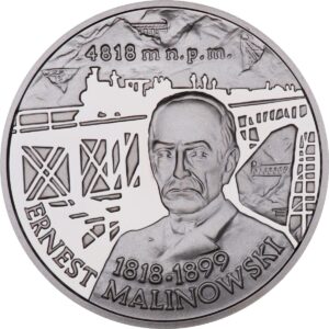 Srebrna moneta okolicznościowa; rewers – Polscy podróżnicy i badacze: 100. rocznica śmierci Ernesta Malinowskiego (1818-1899)
