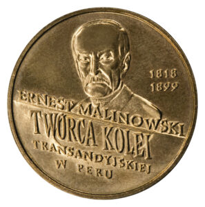 Moneta Nordic Gold; rewers – Polscy podróżnicy i badacze: 100. rocznica śmierci Ernesta Malinowskiego (1818-1899)