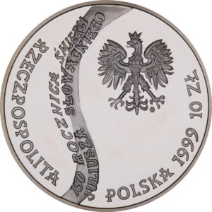 Srebrna moneta okolicznościowa; awers – 150. rocznica śmierci Juliusza Słowackiego (1809 - 1849)