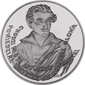 Srebrna moneta okolicznościowa; rewers – 150. rocznica śmierci Juliusza Słowackiego (1809 - 1849)