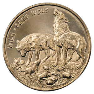 Moneta Nordic Gold; rewers – Zwierzęta świata: Wilk (łac. Canis lupus)