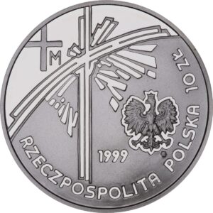 Srebrna moneta okolicznościowa; awers – Jan Paweł II - Papież pielgrzym