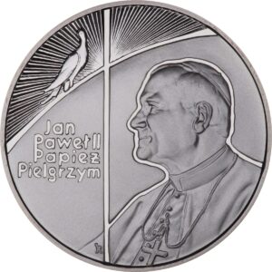 Srebrna moneta okolicznościowa; rewers –Jan Paweł II - Papież pielgrzym