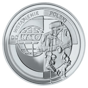 Srebrna moneta okolicznościowa; rewers – Wejście Polski do NATO