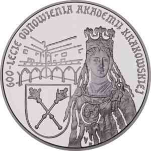 Srebrna moneta okolicznościowa; rewers – 600-lecie odnowienia Akademii Krakowskiej (1400-2000)