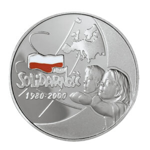 Srebrna moneta okolicznościowa; rewers – 20-lecie powstania Solidarności