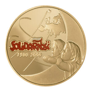 Złota moneta kolekcjonerska; rewers – 20-lecie powstania Solidarności