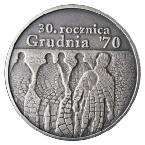 Srebrna moneta okolicznościowa; rewers – 30. rocznica Grudnia`70.