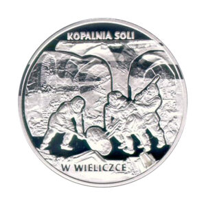 Srebrna moneta okolicznościowa; rewers – Zabytki kultury materialnej w Polsce: Kopalnia soli w Wieliczce