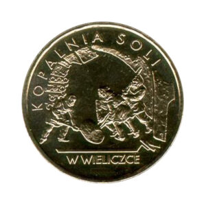 Moneta Nordic Gold; rewers – Zabytki kultury materialnej w Polsce: Kopalnia soli w Wieliczce