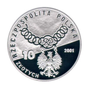 Srebrna moneta okolicznościowa; awers – 15-lecie orzecznictwa Trybunału Konstytucyjnego (1986-2001)