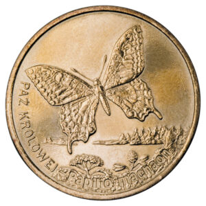 Moneta Nordic Gold; rewers – Zwierzęta świata: Paź Królowej (łac. Papilio machano)