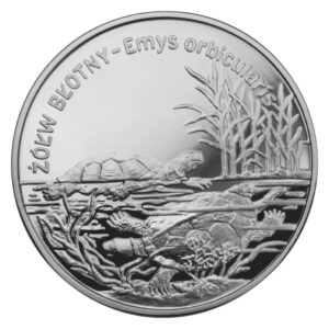 Srebrna moneta okolicznościowa; rewers – Zwierzęta świata: Żółw błotny - Emys orbicularis