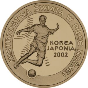 Złota moneta kolekcjonerska; rewers – Mistrzostwa Świata w Piłce Nożnej 2002 Korea/Japonia