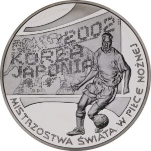 Srebrna moneta okolicznościowa; rewers – Mistrzostwa Świata w Piłce Nożnej 2002 Korea/Japonia