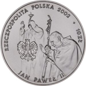 Srebrna moneta okolicznościowa; awers – Jan Paweł II