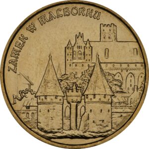Moneta Nordic Gold; rewers – Zabytki kultury materialnej w Polsce: Zamek w Malborku
