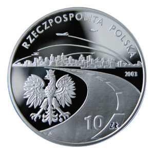 Srebrna moneta okolicznościowa; awers – 150-lecie narodzin przemysłu naftowego i gazowniczego