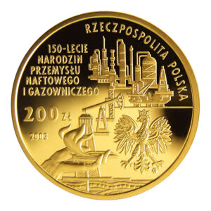 Złota moneta kolekcjonerska; awers – 150-lecie narodzin przemysłu naftowego i gazowniczego