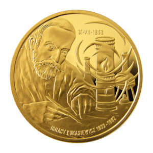Złota moneta kolekcjonerska; rewers – 150-lecie narodzin przemysłu naftowego i gazowniczego