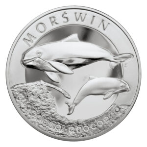 Srebrna moneta okolicznościowa; rewers – Zwierzęta świata: Morświn (łac. Phocoena phocoena)