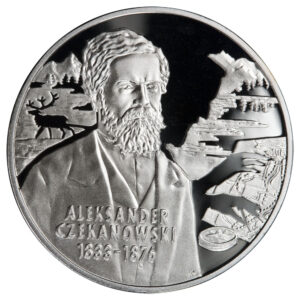 Srebrna moneta okolicznościowa; rewers – Polscy podróżnicy i badacze: Aleksander Czekanowski (1833-1876)