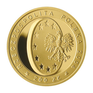 Złota moneta kolekcjonerska; awers – Wstąpienie Polski do Unii Europejskiej