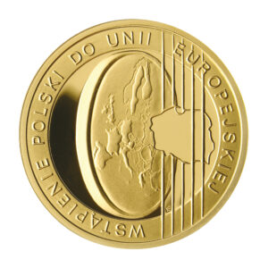 Złota moneta kolekcjonerska; rewers – Wstąpienie Polski do Unii Europejskiej