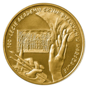 Moneta Nordic Gold; rewers – 100. rocznica utworzenia Akademii Sztuk Pięknych