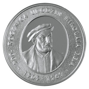 Srebrna moneta okolicznościowa; rewers – Mikołaj Rej (1505-1569) – 500. rocznica urodzin