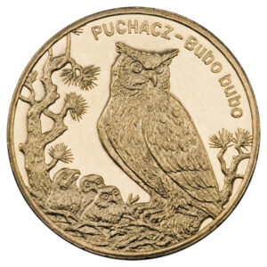 Moneta Nordic Gold; rewers – Zwierzęta świata: Puchacz (łac. Bubo bubo)