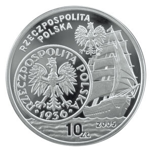 Srebrna moneta okolicznościowa; awers – Dzieje złotego: Żaglowiec (2 zł i 5 zł z 1936 r.)