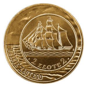 Moneta Nordic Gold; rewers – Dzieje złotego: Żaglowiec (2 zł i 5 zł z 1936 r.)
